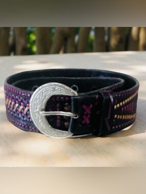 Western Boho Handmade Leather Belt Black Multicolor Woven design Size 34.75x1.45